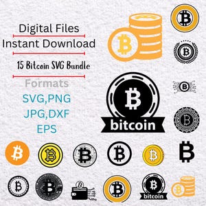 Könnte beinhalten: Digitale Dateien zum sofortigen Download, mit 15 Bitcoin SVG-Bundles. Das Bild zeigt verschiedene Bitcoin-Logos in Orange, Gelb und Schwarz, einschließlich gestapelter Münzen und kreisförmiger Designs. Formate: SVG, PNG, JPG, DXF und EPS.
