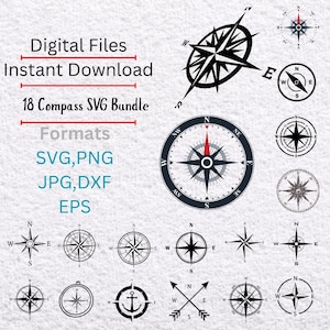 May include: A collection of 18 compass SVG files in various designs, including starburst and circular compasses. The image includes the text "Digital Files, Instant Download, 18 Compass SVG Bundle, Formats: SVG, PNG, JPG, DXF, EPS."
