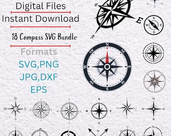 May include: A collection of 18 compass SVG files in various designs, including starburst and circular compasses. The image includes the text "Digital Files, Instant Download, 18 Compass SVG Bundle, Formats: SVG, PNG, JPG, DXF, EPS."