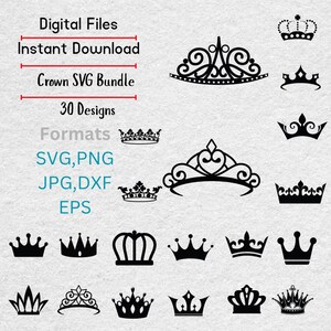 Può includere: Una collezione di disegni di corone nere in vari stili, tra cui diademi e corone ornate, è mostrata su uno sfondo grigio chiaro. Il testo include "Digital Files", "Instant Download", "Crown SVG Bundle" e "30 Designs".