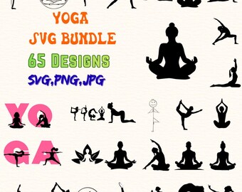 Ensemble de 65 yoga SVG — Pack SVG exercice et remise en forme pour Cricut, silhouette, méditation, art de l'entraînement | Fichiers SVG Png Jpg pour Cricut, découpés au laser