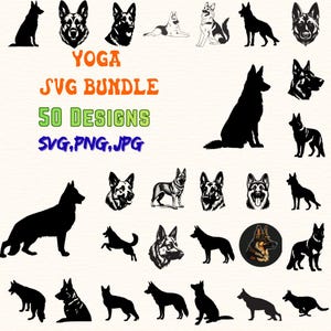 May include: A collection of German Shepherd dog designs in various poses and styles. The image includes silhouettes, detailed illustrations, and a circular portrait. Text reads "YOGA SVG BUNDLE 50 DESIGNS SVG, PNG, JPG."
