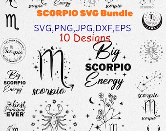 Paquete SVG de Escorpio / 10 diseños de signos del zodiaco / Frases de Escorpio en SVG / Archivos de corte de astrología y horóscopo para Cricut / Arte del signo zodiacal Escorpio