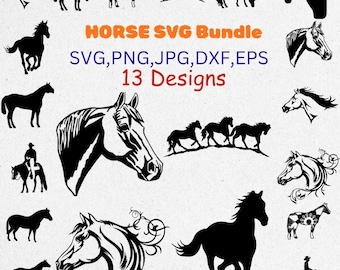 Paquete de archivos SVG de caballos / SVG de caballo cuarto de milla / SVG de silueta de cabeza de caballo / 13 diseños de imágenes prediseñadas de caballos para Cricut, Silhouette y sublimación / SVG de vaquero