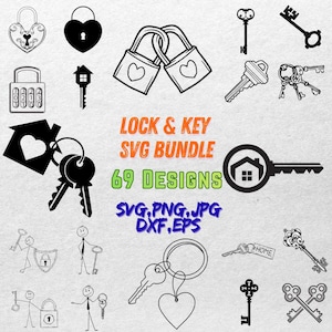 May include: Black and white digital illustrations of locks and keys. The image includes various lock designs, keys, and the text "LOCK & KEY SVG BUNDLE 69 DESIGNS SVG, PNG, JPG DXF, EPS".