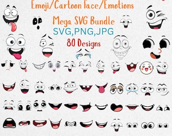 Emoji Cartoon Face Mega SVG Bundle – 80 Funny Emotions & Expressions | Cartoon Mouths, Eyes, and Smiles for Cricut, Silhouette, Sublimation