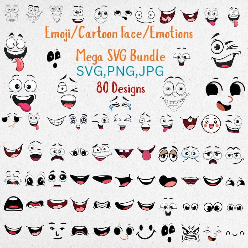 Emoji Cartoon Face Mega SVG Bundle – 80 Funny Emotions & Expressions ...