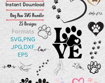 Dog Paw Print SVG Bundle: 25 Cut Files for Cricut, Silhouette (Instant Download)