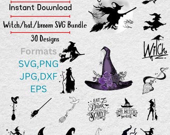 Witch SVG Bundle: 30 Halloween Witch Hat, Broomstick, Silhouette Designs (Digital Download)