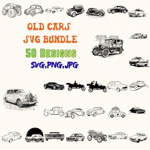 Puede incluir: Un conjunto de 50 diseños de coches antiguos en blanco y negro. La imagen incluye varias ilustraciones de coches clásicos, con el texto "OLD CARS SVG BUNDLE" y "50 DESIGNS". Formatos de archivo: SVG, PNG, JPG.
