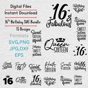 Sweet Sixteen SVG Bundle: 15 Birthday Designs (Digital Download)