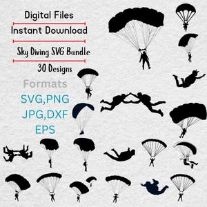Op de afbeelding: Een digitale SVG-bundel met 30 skydiving-ontwerpen. De afbeelding toont zwarte silhouetten van skydiven en parachutes, en de tekst "Digital Files, Instant Download, Sky Diving SVG Bundle, 30 Designs, Formats: SVG, PNG, JPG, DXF, EPS."