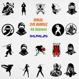 May include: A collection of 16 black and white ninja-themed designs. The designs include ninja figures in various action poses, ninja faces, and ninja-related graphics. Text in the image reads "NINJA SVG BUNDLE 40 DESIGNS SVG, PNG, JPG."