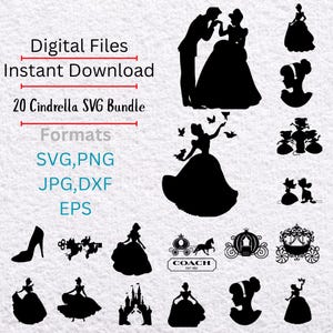 Op de afbeelding: Een verzameling zwarte Cinderella-thema SVG digitale bestanden. De afbeelding bevat silhouetten van Assepoester, een koets, een glazen muiltje en de tekst "Digital Files, Instant Download, 20 Cindrella SVG Bundle, Formats: SVG, PNG, JPG, DXF, EPS."