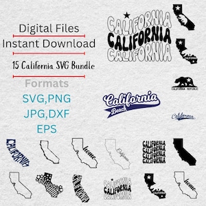 Puede incluir: Un conjunto de archivos de diseño digital con varios gráficos con temática de California. Los diseños incluyen el contorno del estado, logotipos basados en texto y las palabras "California" y "California Beach". Formatos: SVG, PNG, JPG, DXF y EPS.