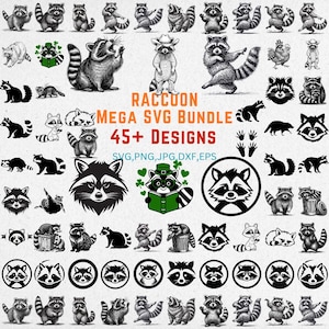Puede incluir: Una colección de diseños con temática de mapaches en varias poses y estilos. La imagen incluye ilustraciones detalladas y diseños gráficos de mapaches, con el texto "RACCOON MEGA SVG BUNDLE 45+ DESIGNS". Los diseños están disponibles en formatos SVG, PNG, JPG, DXF y EPS.