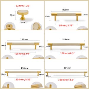 Puede incluir: Una colecci&oacute;n de herrajes para armarios, que incluye un pomo y varios tiradores. El pomo tiene 32 mm de di&aacute;metro. Los tiradores var&iacute;an en longitud de 96 mm a 320 mm, con detalles dorados y un centro de color claro.