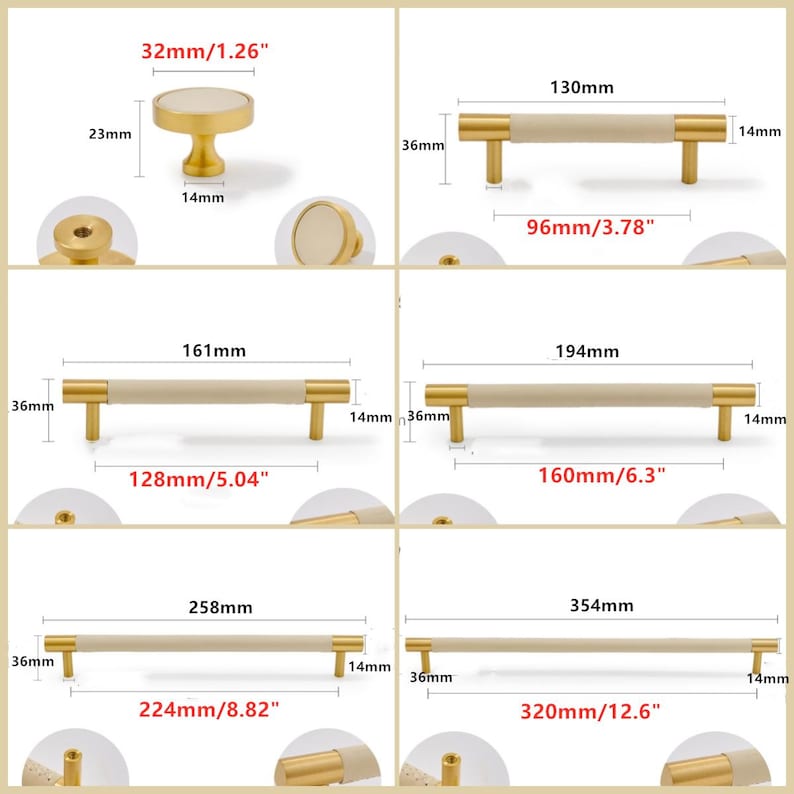 Puede incluir: Una colecci&oacute;n de herrajes para armarios, que incluye un pomo y varios tiradores. El pomo tiene 32 mm de di&aacute;metro. Los tiradores var&iacute;an en longitud de 96 mm a 320 mm, con detalles dorados y un centro de color claro.