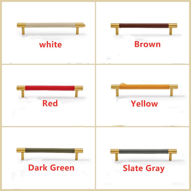 Puede incluir: Una colecci&oacute;n de tiradores de armario en varios colores, incluyendo blanco, marr&oacute;n, rojo, amarillo, verde oscuro y gris pizarra. Cada tirador presenta un mango cil&iacute;ndrico envuelto en un material texturizado y herrajes dorados. Los nombres de los colores se muestran debajo.