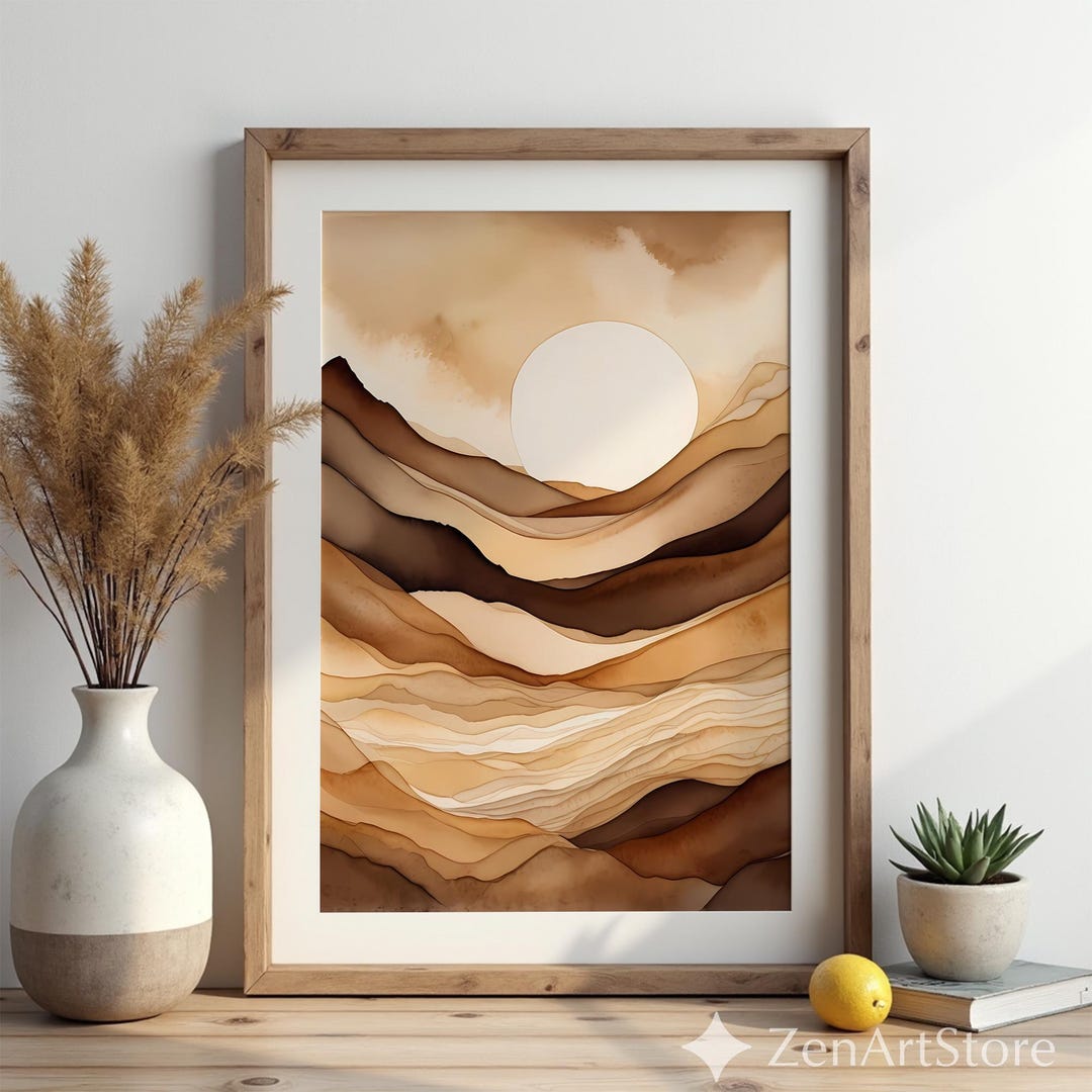 Neutral Abstract Landscape Wall Art - Beige Brown Minimalist Sun Print ...