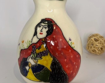 Hand-Painted Persian Woman Ceramic Vase: Cultural Home Decor Gift