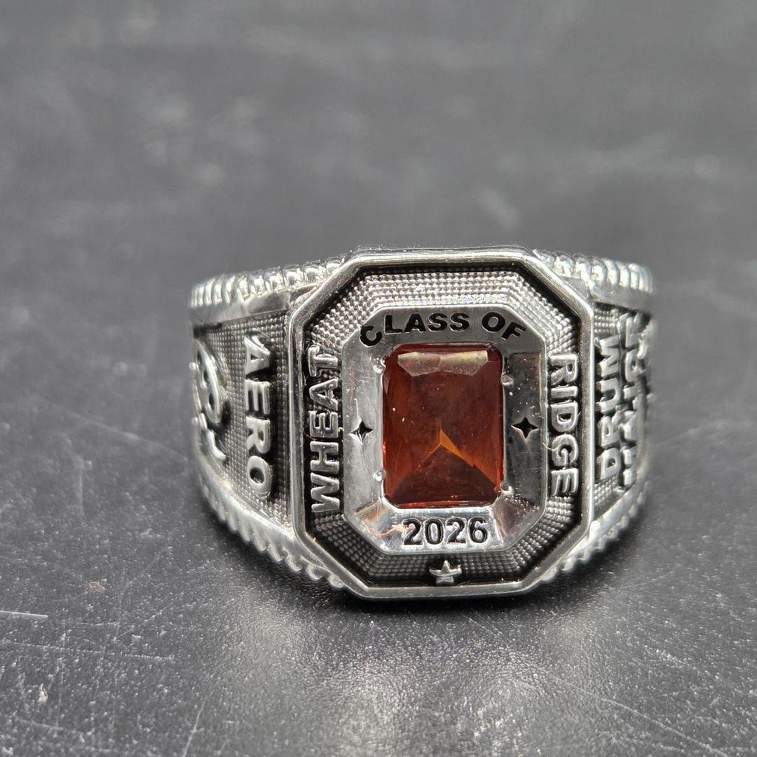 Men’s Class Ring 2026, Ridge Style Silver Band, Brown Gemstone, Custom ...