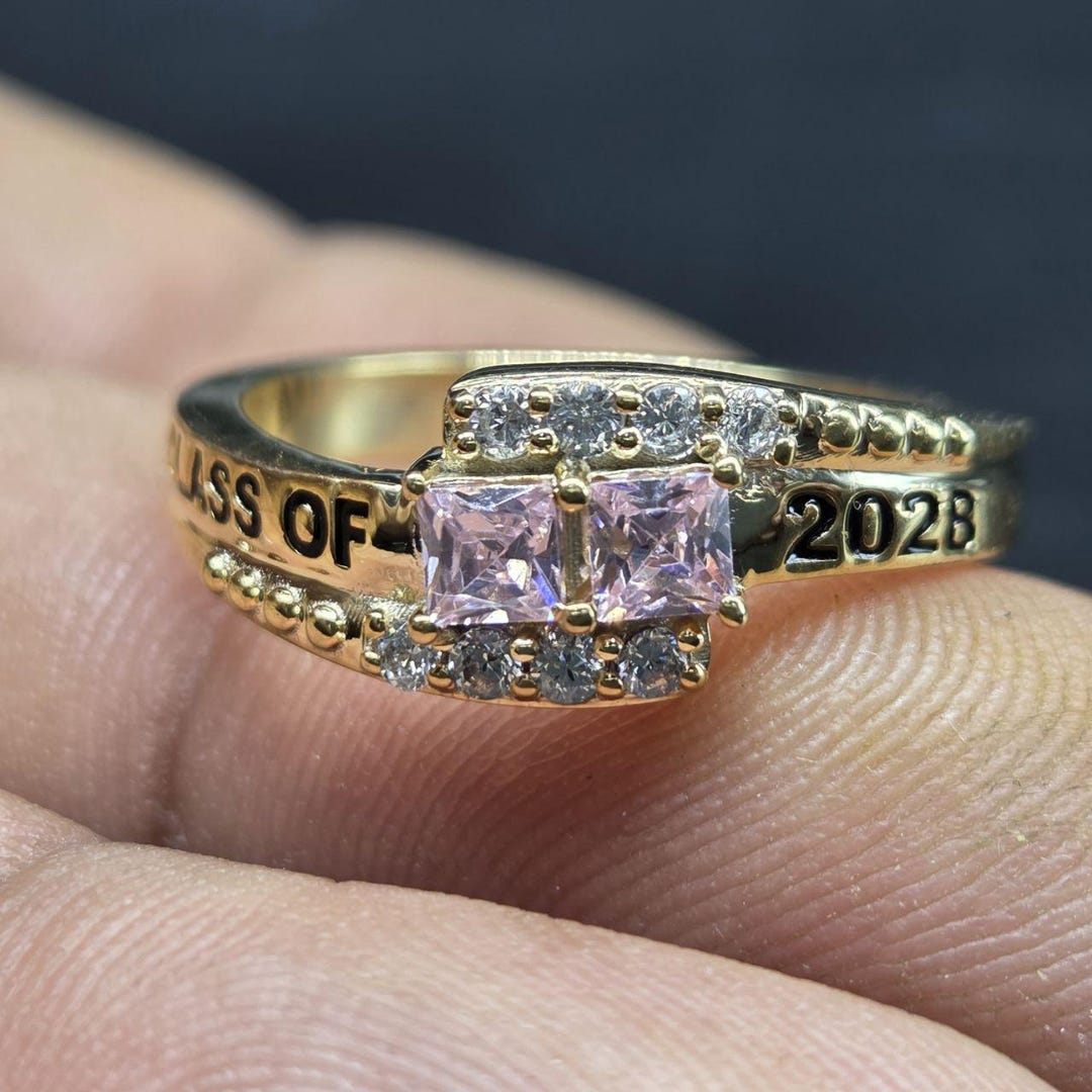 Class of 2026 Gold Tone Class Ring, Pink CZ Square Gemstone ...