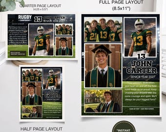 May include: A digital template for a senior year sports collage featuring photos of a student in a football uniform and graduation cap and gown. The layout includes text such as 'John Carter', 'Senior Year 2027', and 'Rugby Championship' in various sizes including 8.5x11 inches.