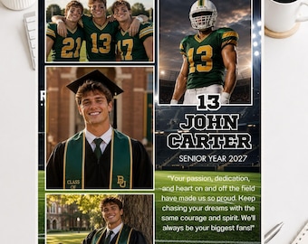 Pode incluir: Um modelo de anúncio para anuário com uma colagem de um estudante em uniforme de futebol americano e traje de formatura. O texto inclui o nome John Carter, o número 13, Senior Year 2027 e uma mensagem. O design é editável no Canva.
