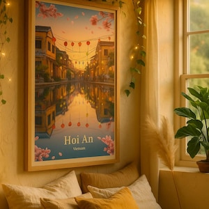 Hoi An Vietnam Reise Poster Digitale Wand Kunst Druck, Laterne Straße Sonnenuntergang Szene, Südostasien Landschaft, druckbare Grafik für Wohnkultur