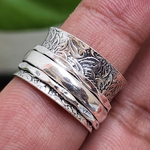 Engraved Sterling Silver Spinner Ring: Floral Boho Meditation Band