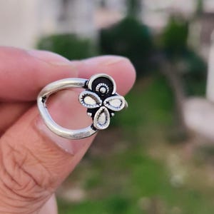 Oxidized Sterling Silver Floral Ring: Adjustable Boho Flower Jewelry