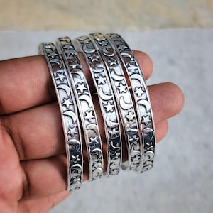 Sterling Silver Bangle Set: Star, Moon & Floral Design - Handmade 925 Jewelry