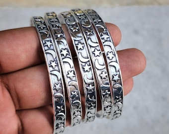 Set of 5 Sterling Silver Bangles – Star and Moon Bangles | Floral Design | Handmade 925 Silver Jewelry