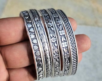 Set of 5 Wide Oxidized Sterling Silver Bangles – Floral Design Handmade 925 Silver Bracelet Set | Boho Tribal Jewelry for Her