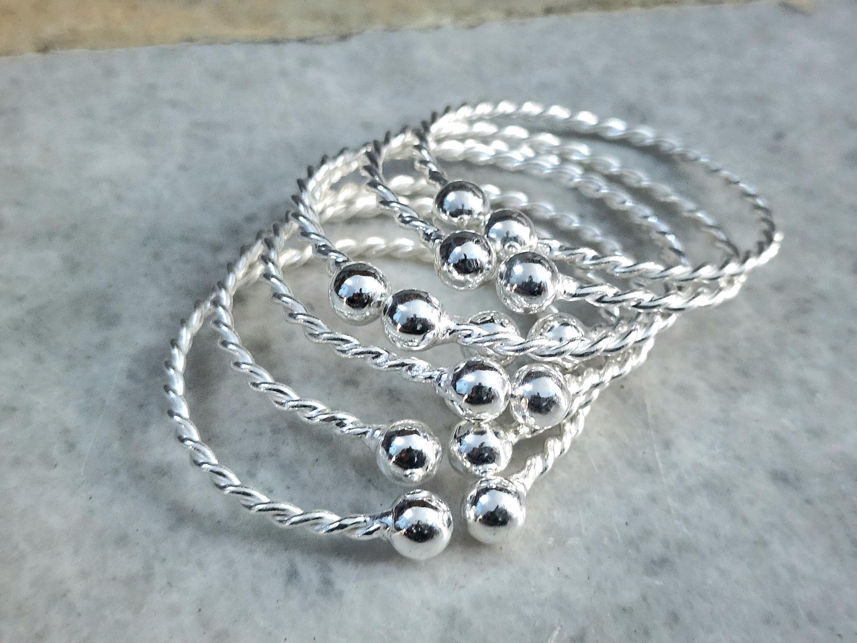 Set of 5 Twisted Sterling Silver Bangles – Handmade 925 West Indian Style Stackable Bracelets | Tribal Boho Jewelry Gift