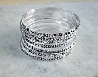 Set of 5 Sterling Silver Bangles – Handmade 925 Silver Stackable Bracelet Set for Women