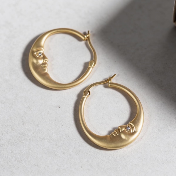 Gold Moon Hoop Earrings, Abstract Face Crescent Hoops, Artistic Gift for Her