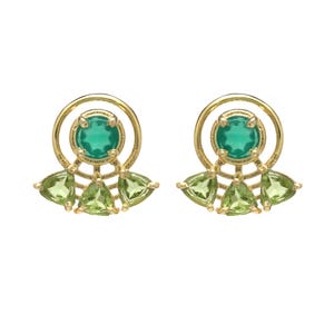 Multi Stone Gold Plated Brass Peridot and Green Onyx Stud Earrings, Office wear studs