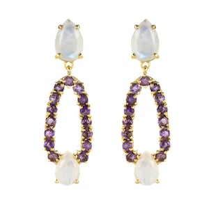 Gold Plated Brass Amethyst Rainbow Moonstone Oval Drop Earrings, Prong Setting