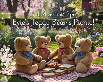 May include: An invitation for Evie's Teddy Bear's Picnic! Four brown teddy bears are seated on a red and white checkered blanket, enjoying a picnic. The text reads "2nd March @ 2pm" and "RSVP to 07777123456".