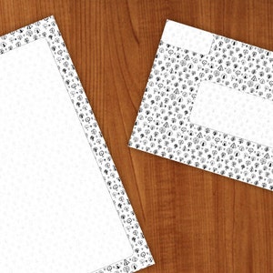 printable black and white paper with envelope, stationery for pen pals, snail mail