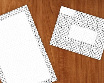 printable black and white paper with envelope, stationery for pen pals, snail mail