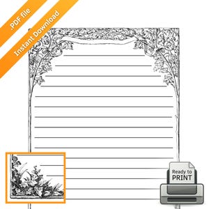 Könnte beinhalten: Schwarz-weiß liniertes Briefpapier mit einem verzierten floralen und Blätter-Bordürendesign. Der obere Rand zeigt ein Banner. Die Worte "Sofort-Download" stehen auf einem orangefarbenen diagonalen Banner. Die Worte "Ready to PRINT" stehen neben einem Druckersymbol.