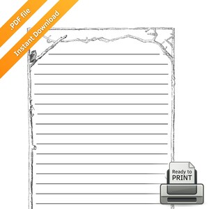 May include: A lined paper design with a tree branch border and an owl perched on the side. The words "Instant Download" and ".PDF file" are on an orange diagonal banner. A printer icon with the words "Ready to PRINT" is in the lower right corner.