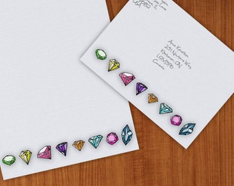 printable colorful gemstone sketch paper with envelope, stationery for pen pals, snail mail