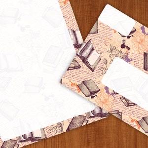 printable books and flowers paper with envelope, stationery for pen pals, snail mail