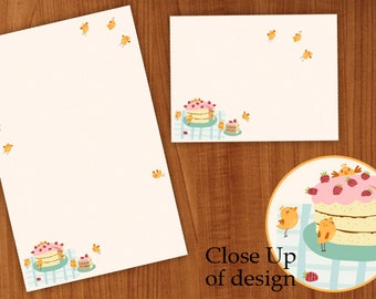 printable cute birds and strawberry cake paper with envelope, stationery for pen pals, snail mail