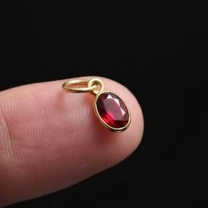 Op de afbeelding: Een kleine, ovaalvormige hanger met een levendige rode edelsteen gezet in een goudkleurig metaal. De hanger wordt tegen een donkere achtergrond gehouden, wat de kleur en het ontwerp benadrukt. De edelsteen is ongeveer 1,3 cm lang.