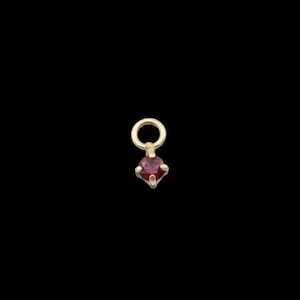 May include: A small, gold-coloured pendant with a round loop at the top and a red gemstone at the bottom. The gemstone is a deep, rich red colour and is set in a four-prong setting. The pendant is on a black background.